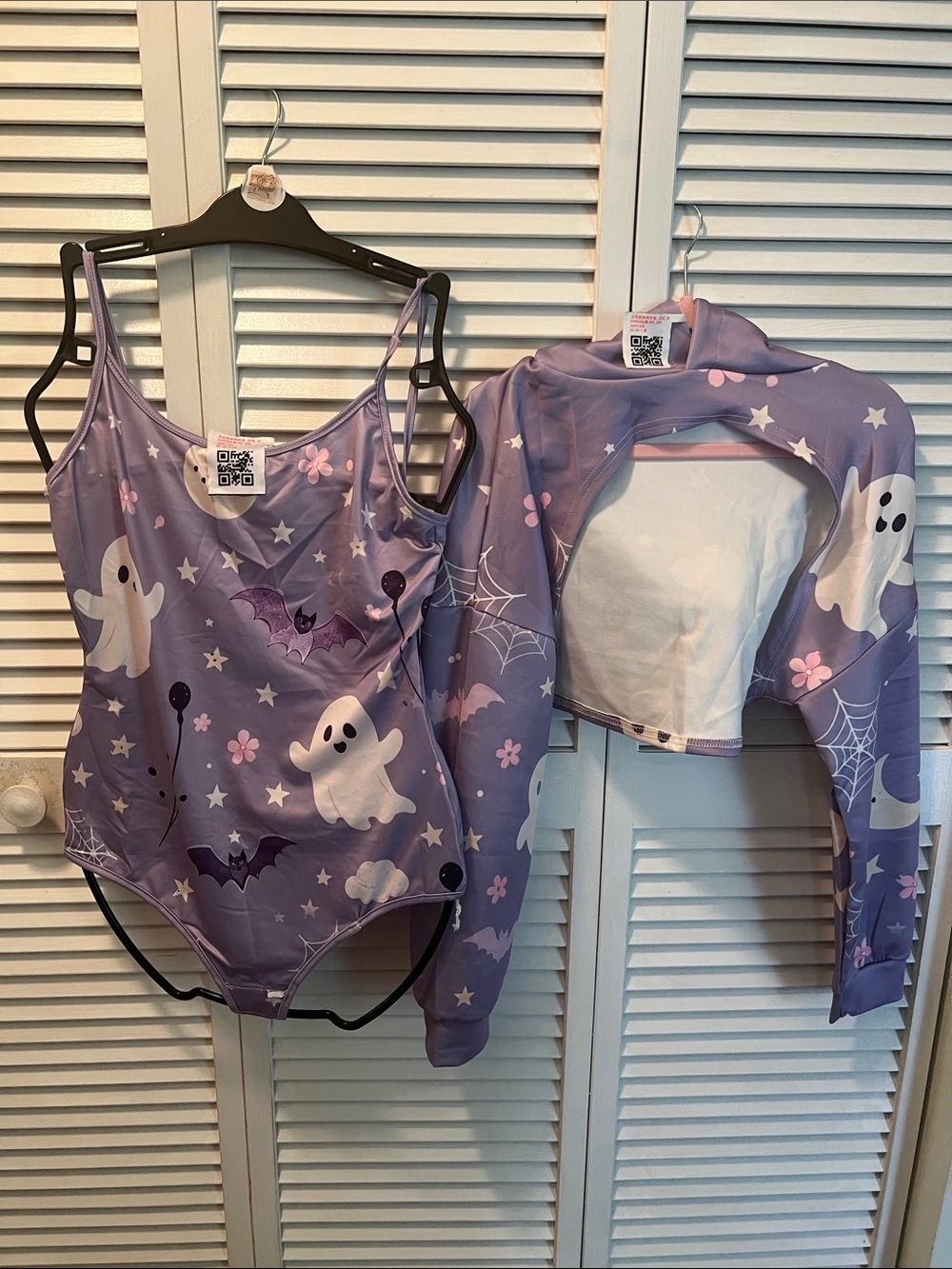 #3424**Purple Ghost Print Women's Bodysuit & Crop Hoodie Set